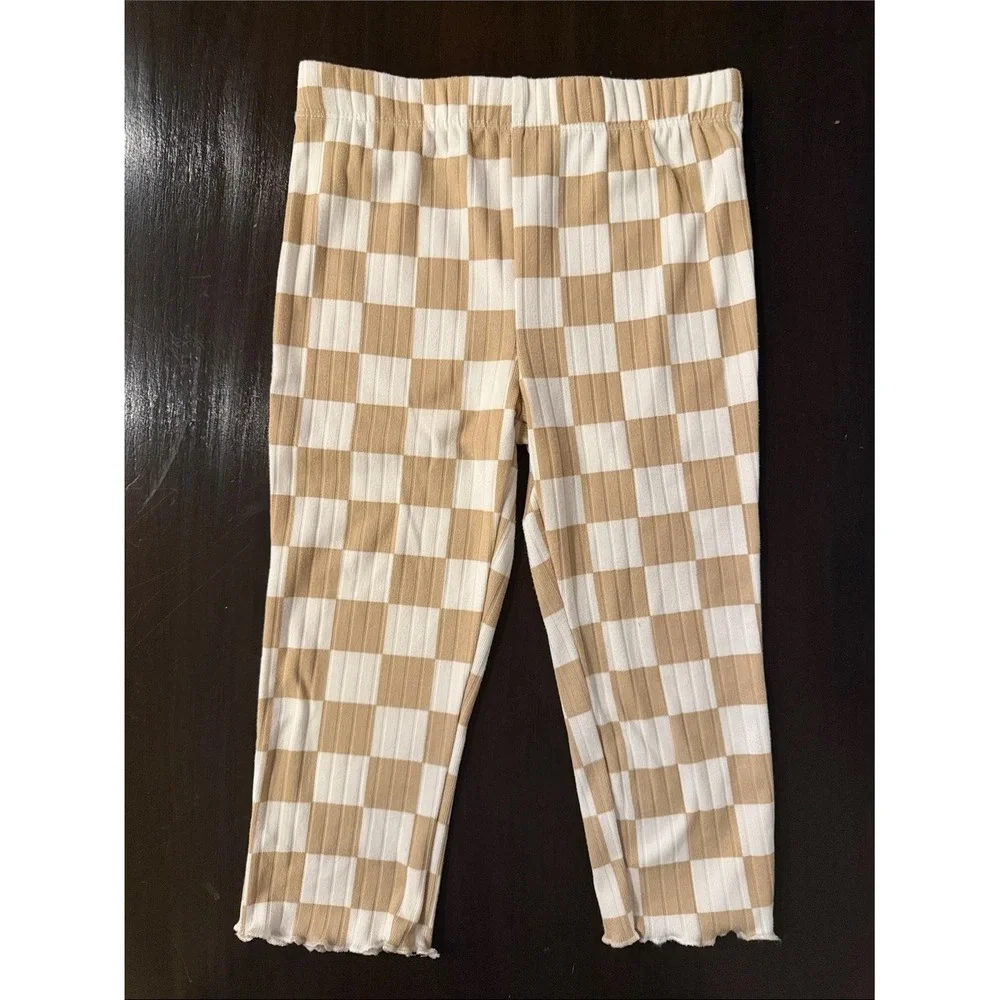 Tahari Girl Tan‎ White Checkered Ribbed Top and Leggings Set 2T